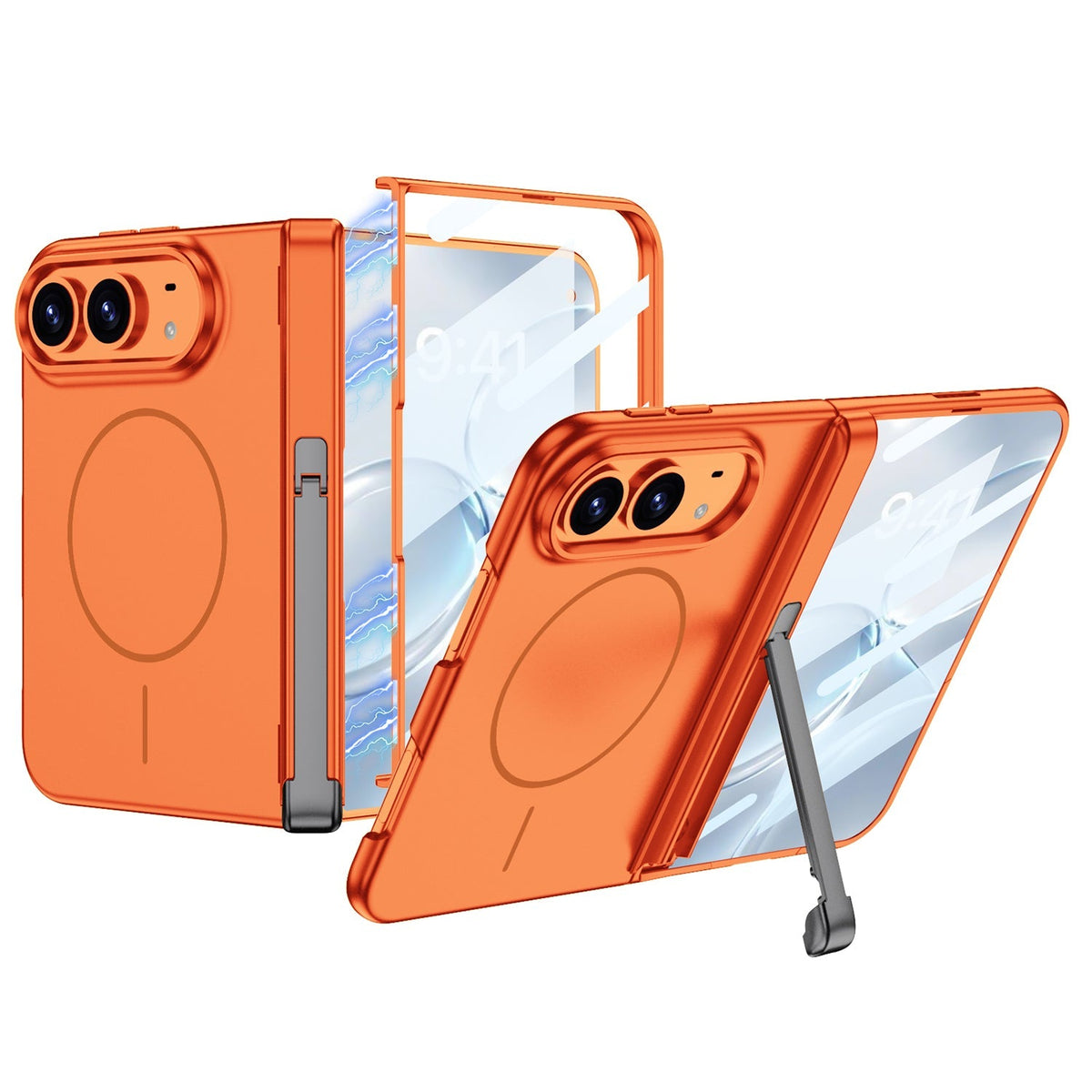 iPhone Duo - Magnetic Hinge Protection Fashion Cover Built-in Tempered Glass Film & Tri?Fold Kickstand & Magnetic Ring