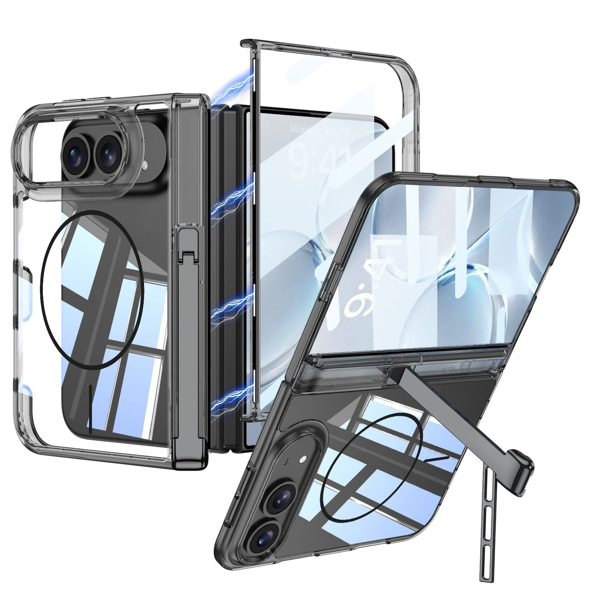 iPhone Duo - Magnetic Hinge Protection Clear Cover Built-in Tempered Glass Film & Tri?Fold Kickstand & Magnetic Ring