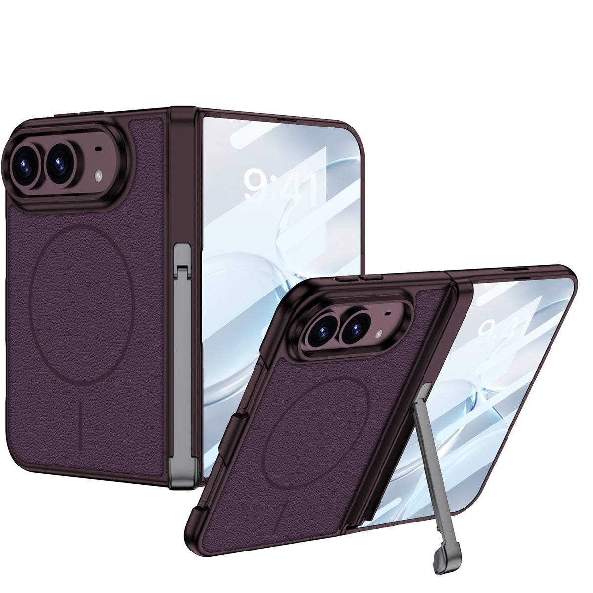 iPhone Duo - Magnetic Hinge Protection Leather Cover Built-in Tempered Glass Film & Tri?Fold Kickstand & Magnetic Ring