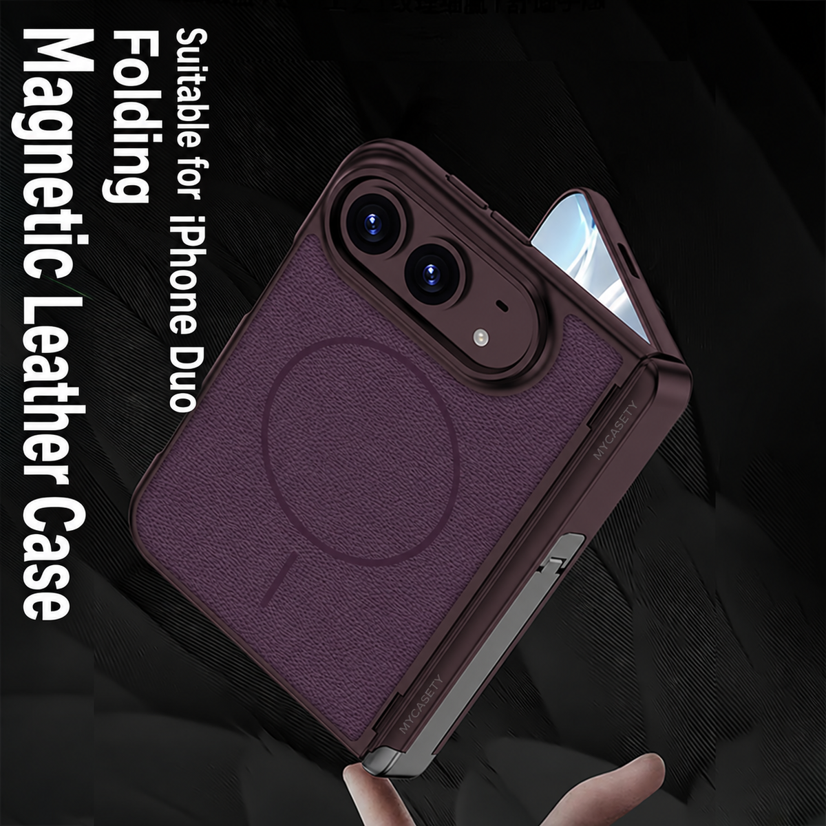 iPhone Duo - Magnetic Hinge Protection Leather Cover Built-in Tempered Glass Film & Tri?Fold Kickstand & Magnetic Ring