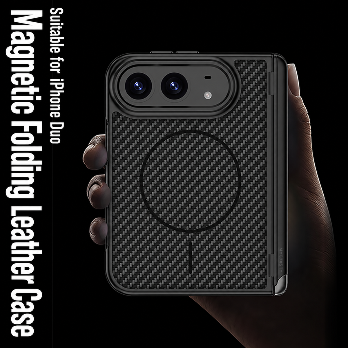 iPhone Duo - Magnetic Hinge Protection Leather Cover Built-in Tempered Glass Film & Tri?Fold Kickstand & Magnetic Ring