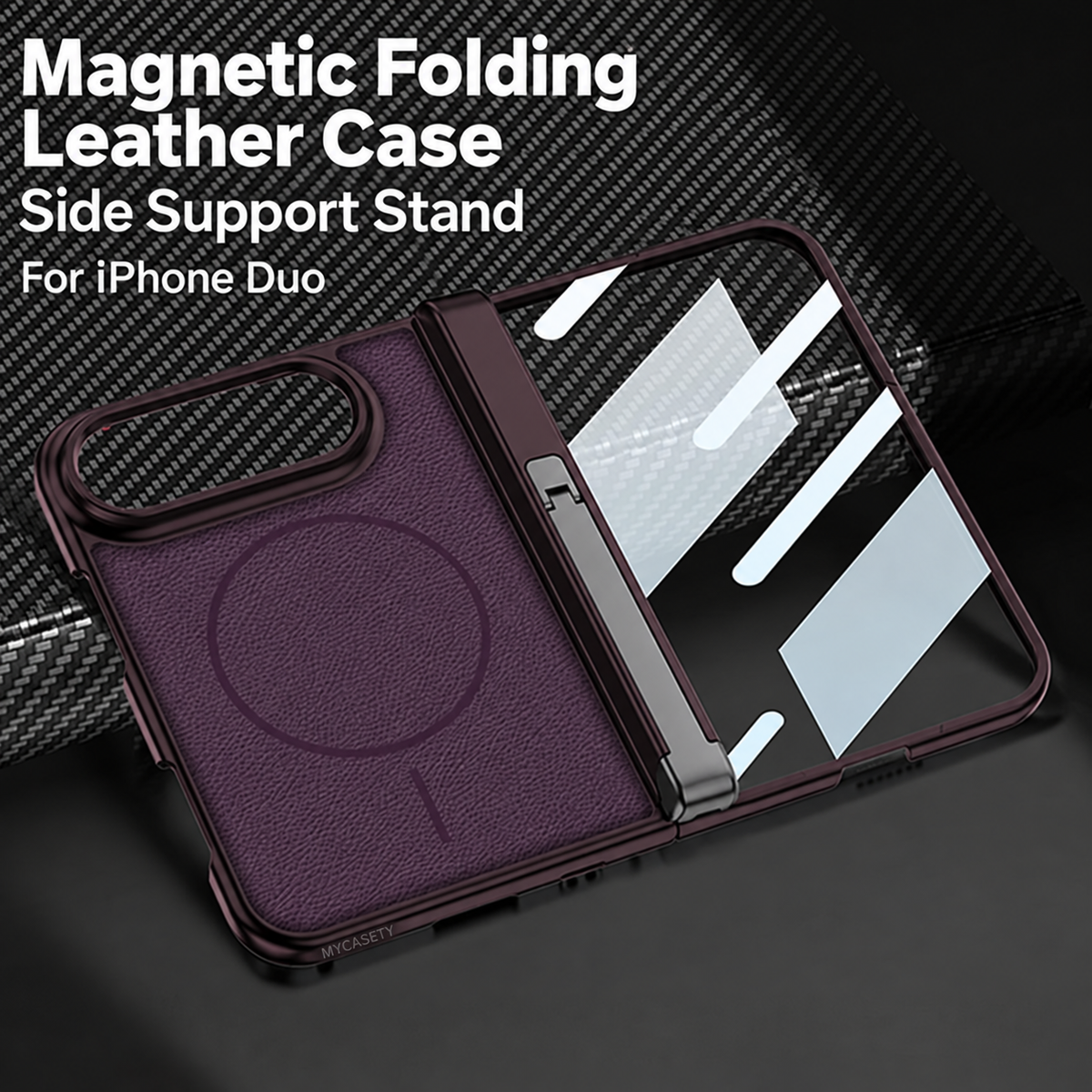 iPhone Duo - Magnetic Hinge Protection Leather Cover Built-in Tempered Glass Film & Tri?Fold Kickstand & Magnetic Ring