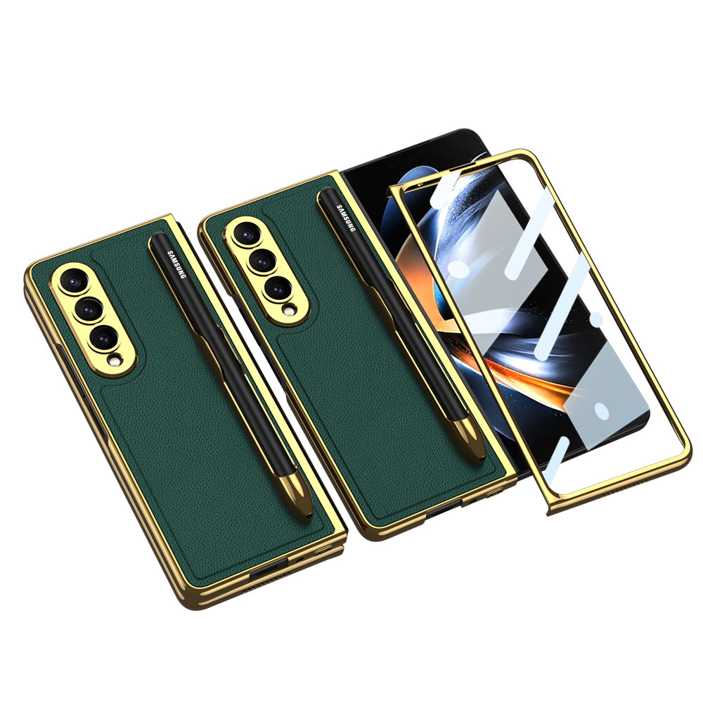 Electroplated Frame Leather Tempered Film Case with S Pen Slot for Galaxy Z Fold4