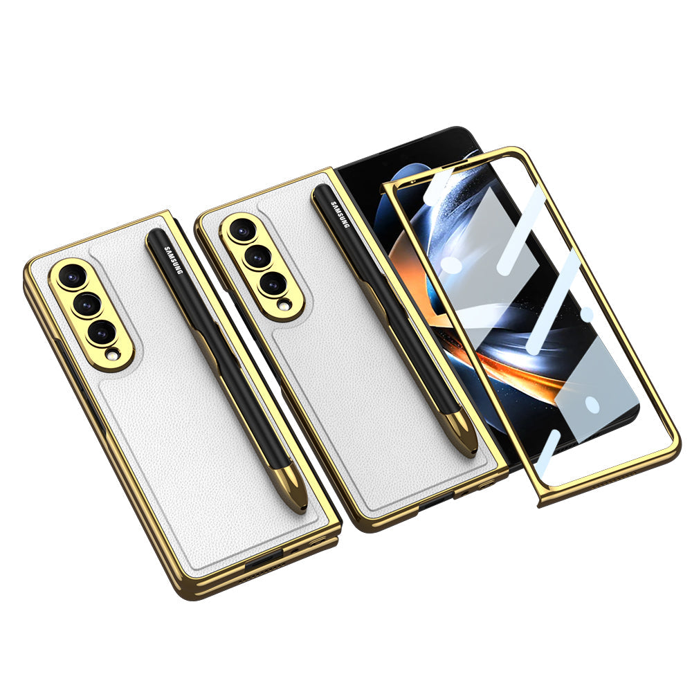 Luxury Leather Carbon Fiber Plating Case for Galaxy Z Fold4 Fold3 With Tempered Glass Screen