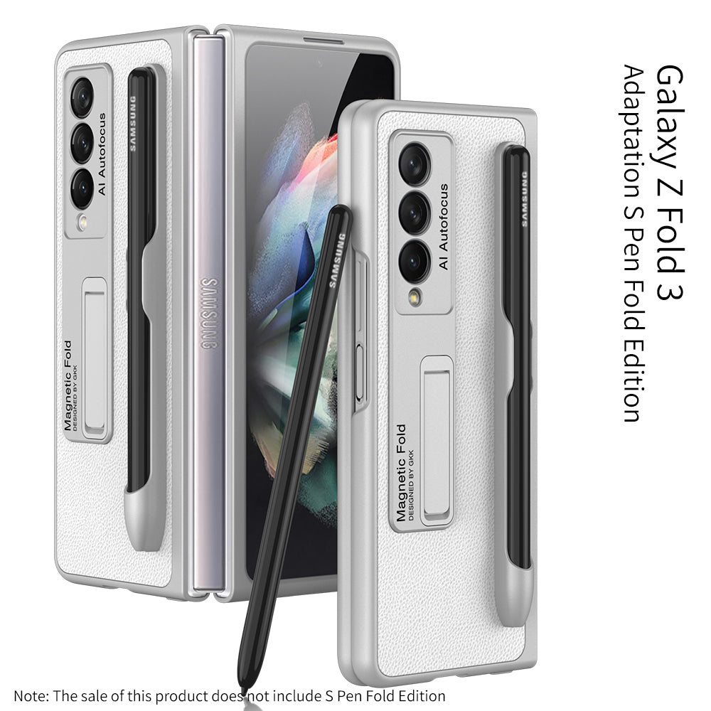 Leather Magnetic Metal Kickstand S Pen Slot Case for Galaxy Z Fold3