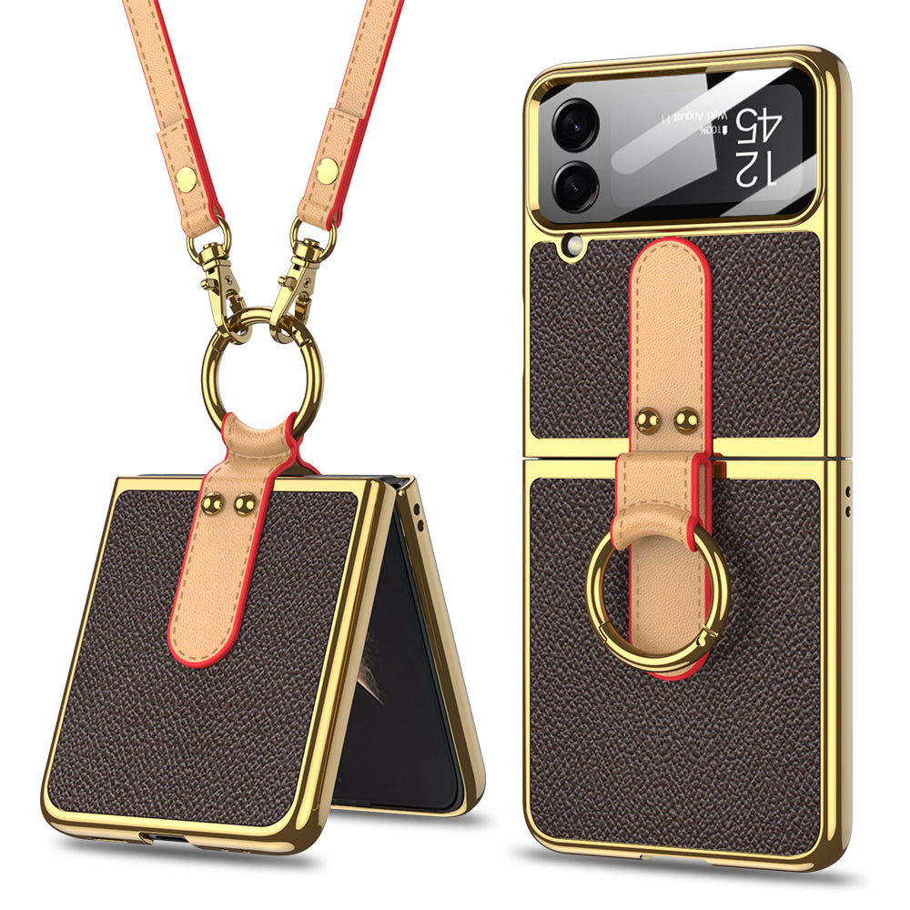 Original Leather Ring Back Screen Protector with Lanyard For Galaxy Z Flip4