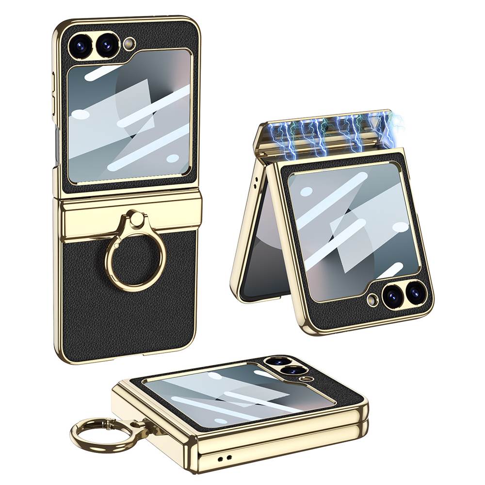 Electroplated Leather Magnetic Hinge Ring Holder Case For Galaxy Z Flip6