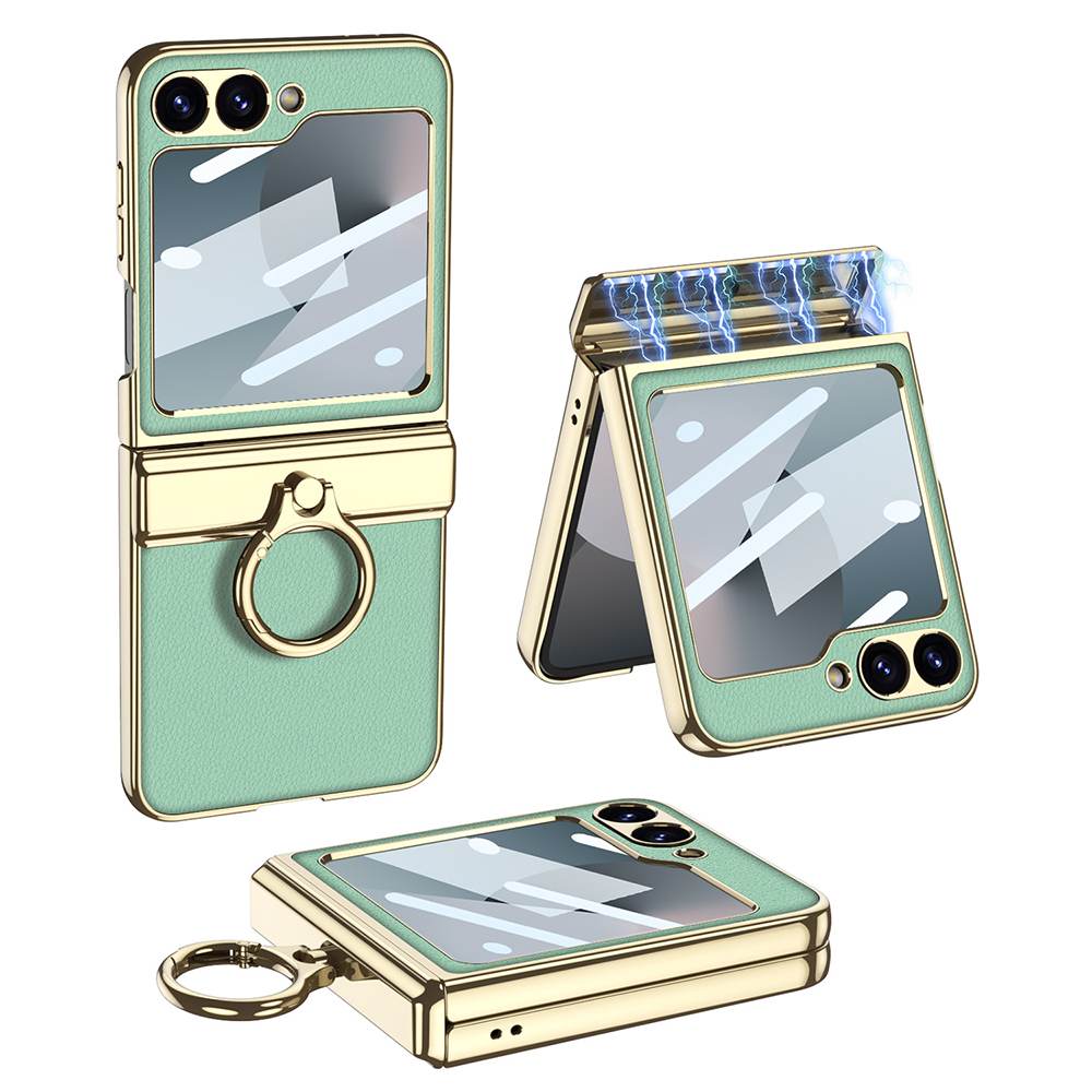 Electroplated Leather Magnetic Hinge Ring Holder Case For Galaxy Z Flip6