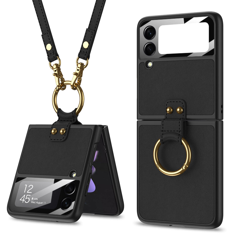 Leather Ring Bracket Case with Lanyard for Samsung Galaxy Z Flip 3/4/5