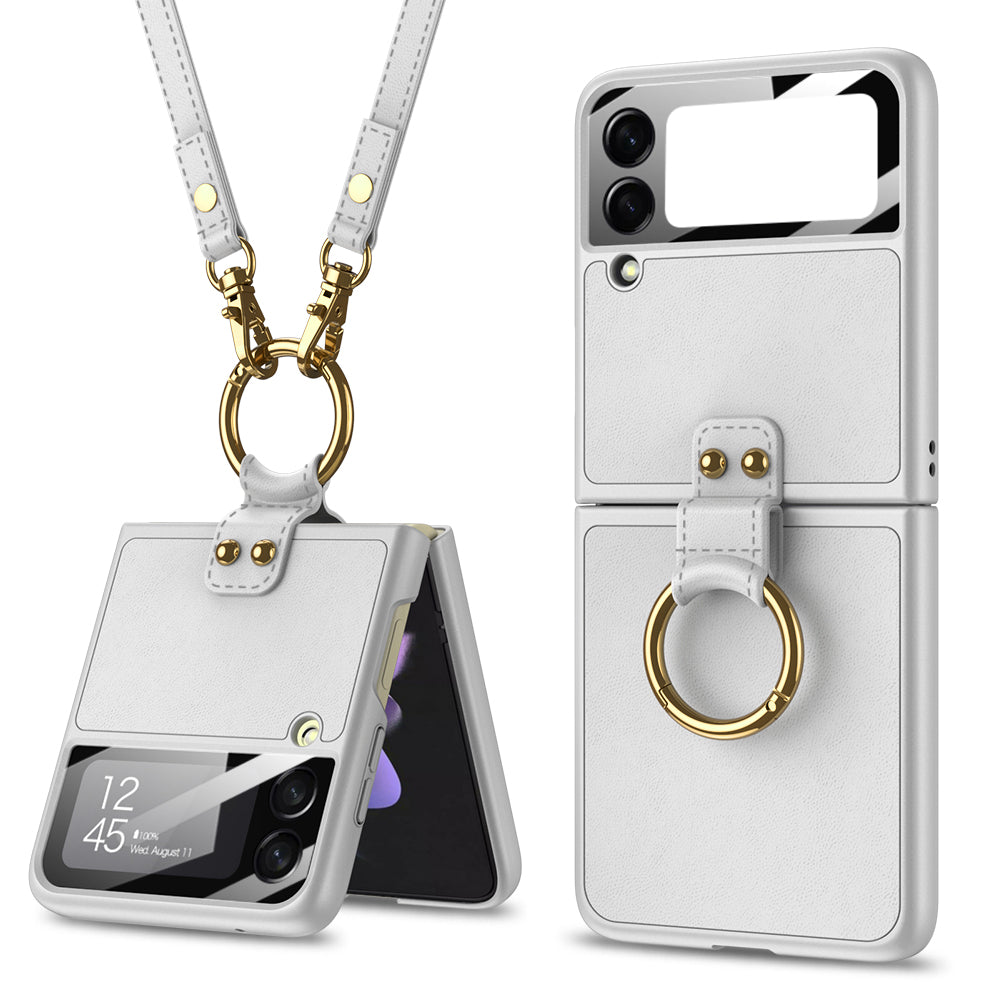 Leather Ring Bracket Case with Lanyard for Samsung Galaxy Z Flip 3/4/5