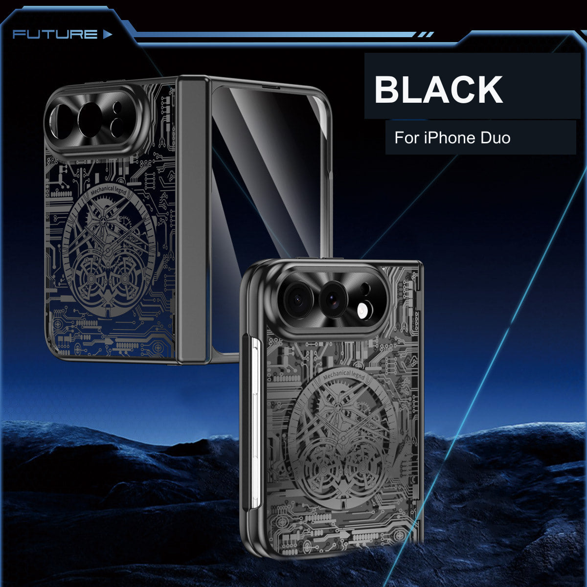 iPhone Duo | Mechanical-Pattern Case Built-in Tempered Glass Film & Hinge Protection