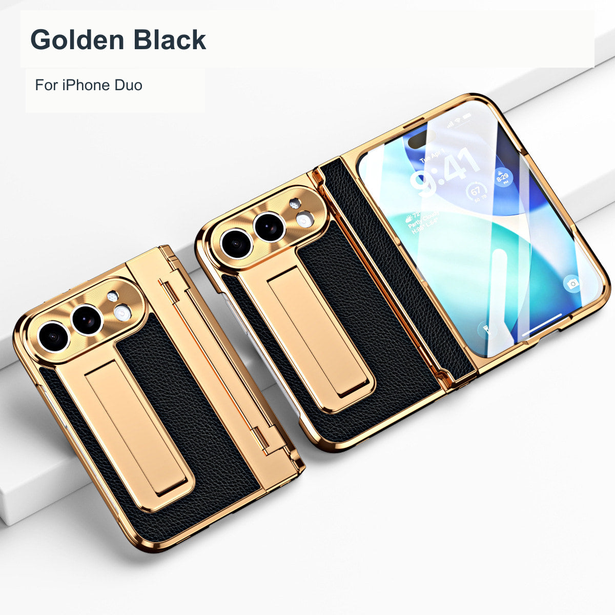 iPhone Duo | Golden Plating Textured Leather Cover with Kickstand & Front Screen Protector