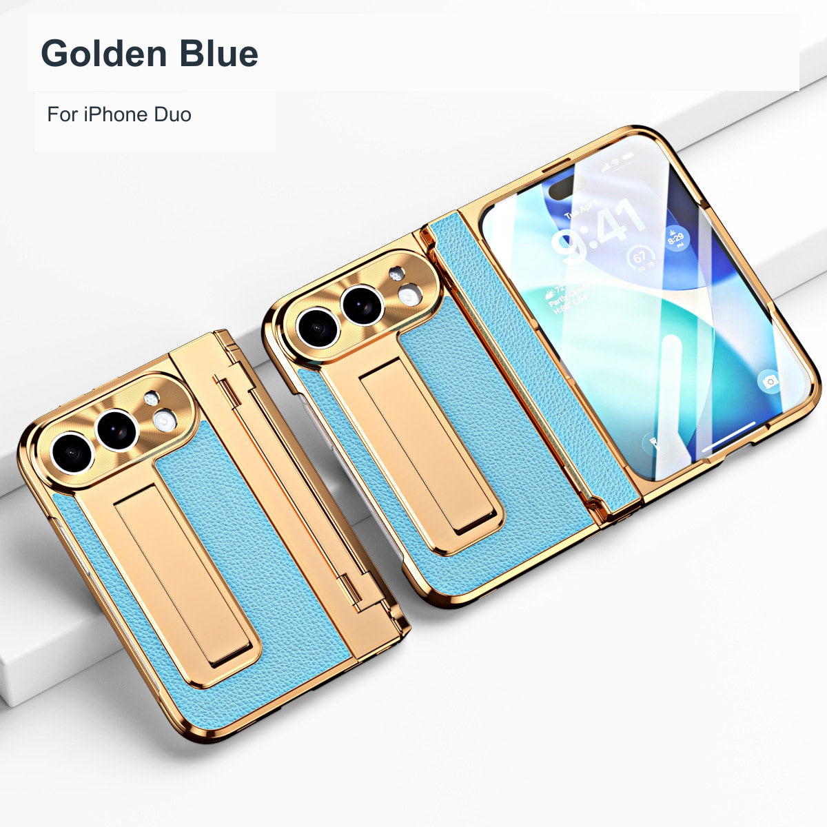 iPhone Duo | Golden Plating Textured Leather Cover with Kickstand & Front Screen Protector
