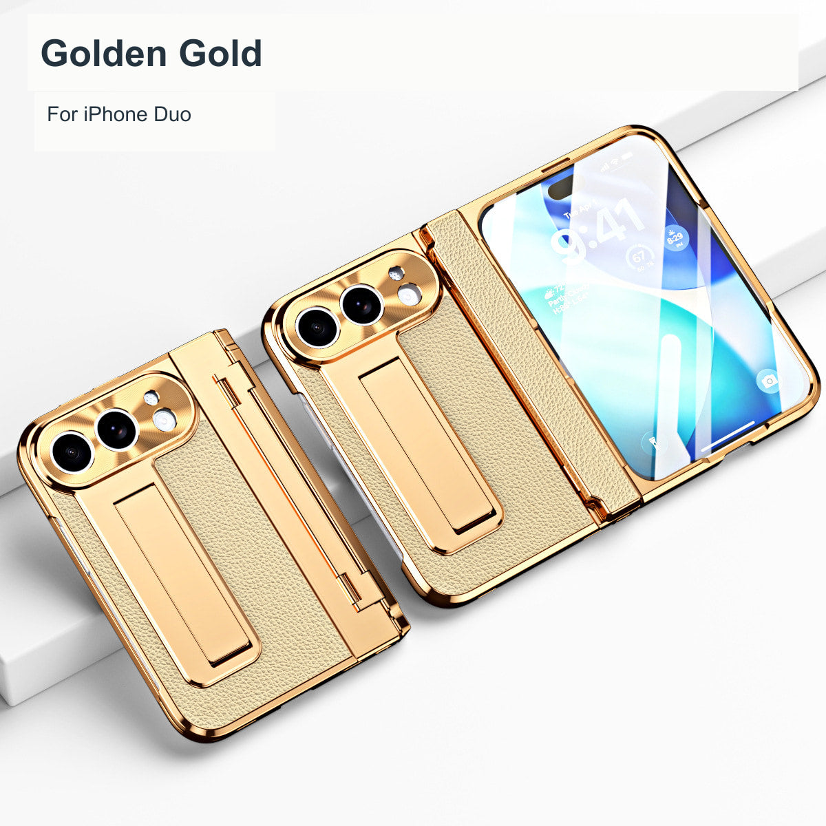iPhone Duo | Golden Plating Textured Leather Cover with Kickstand & Front Screen Protector