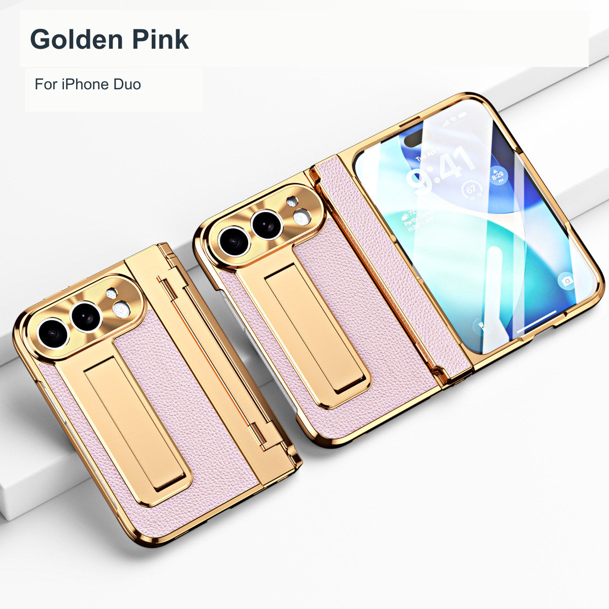 iPhone Duo | Golden Plating Textured Leather Cover with Kickstand & Front Screen Protector