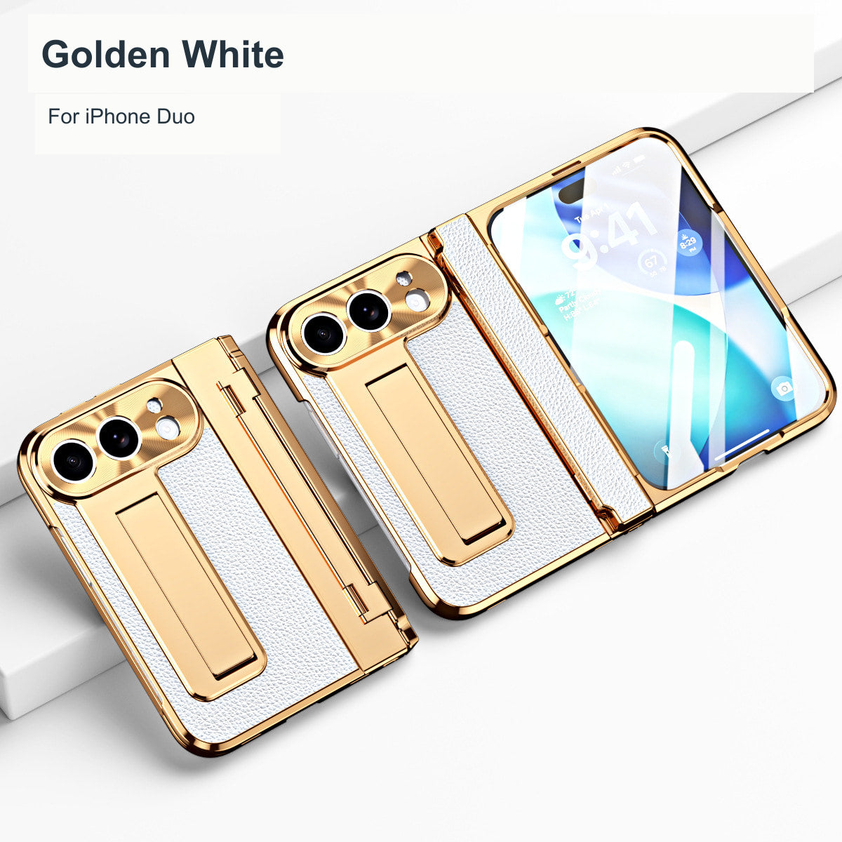 iPhone Duo | Golden Plating Textured Leather Cover with Kickstand & Front Screen Protector