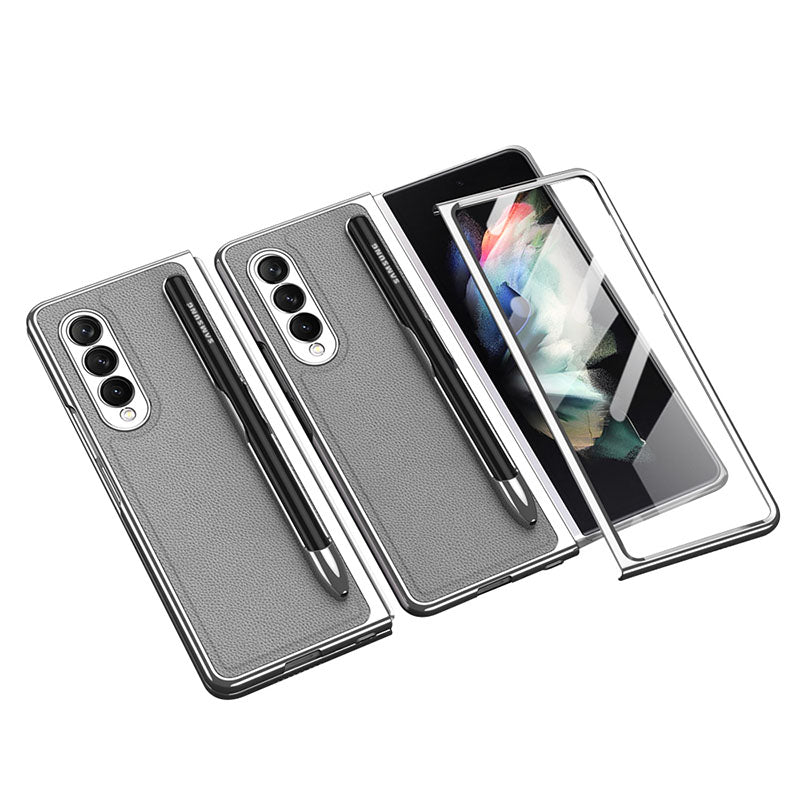 Electroplated Frame Leather Tempered Film Case with S Pen Slot for Galaxy Z Fold3