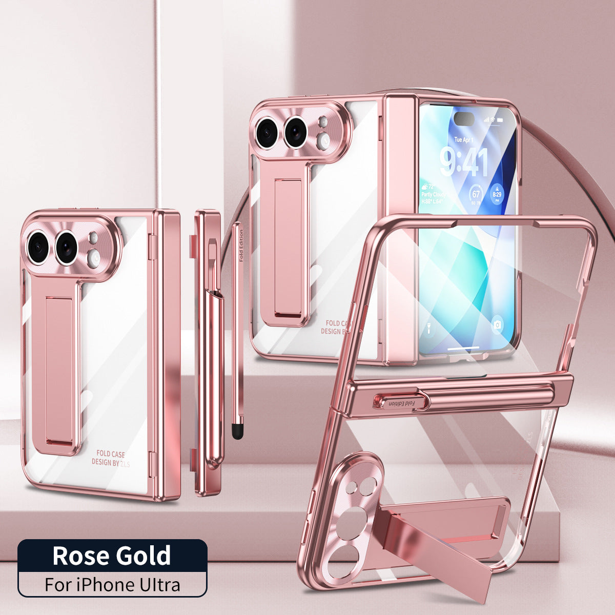 iPhone Duo | Golden Plating Clear Phone Case Built-in Tempered Glass Film & Magnetic Hinge & Stylus