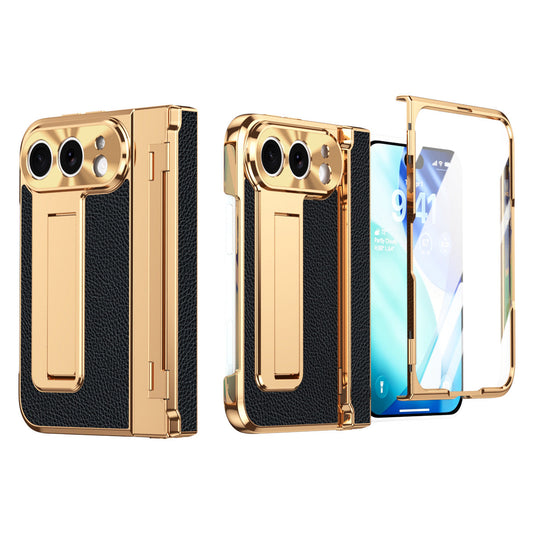 iPhone Duo | Golden Plating Textured Leather Cover with Kickstand & Front Screen Protector