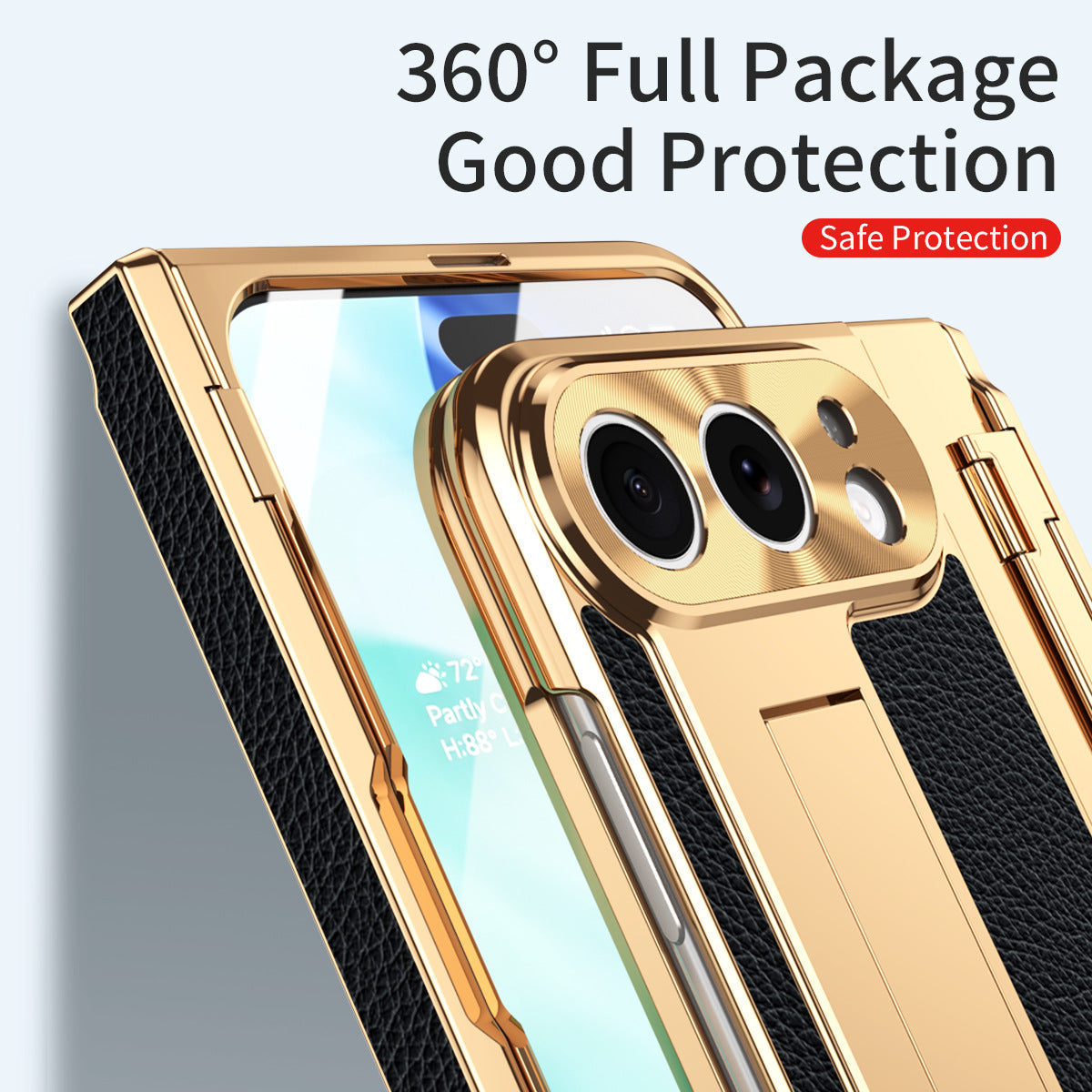 iPhone Duo | Golden Plating Textured Leather Cover with Kickstand & Front Screen Protector