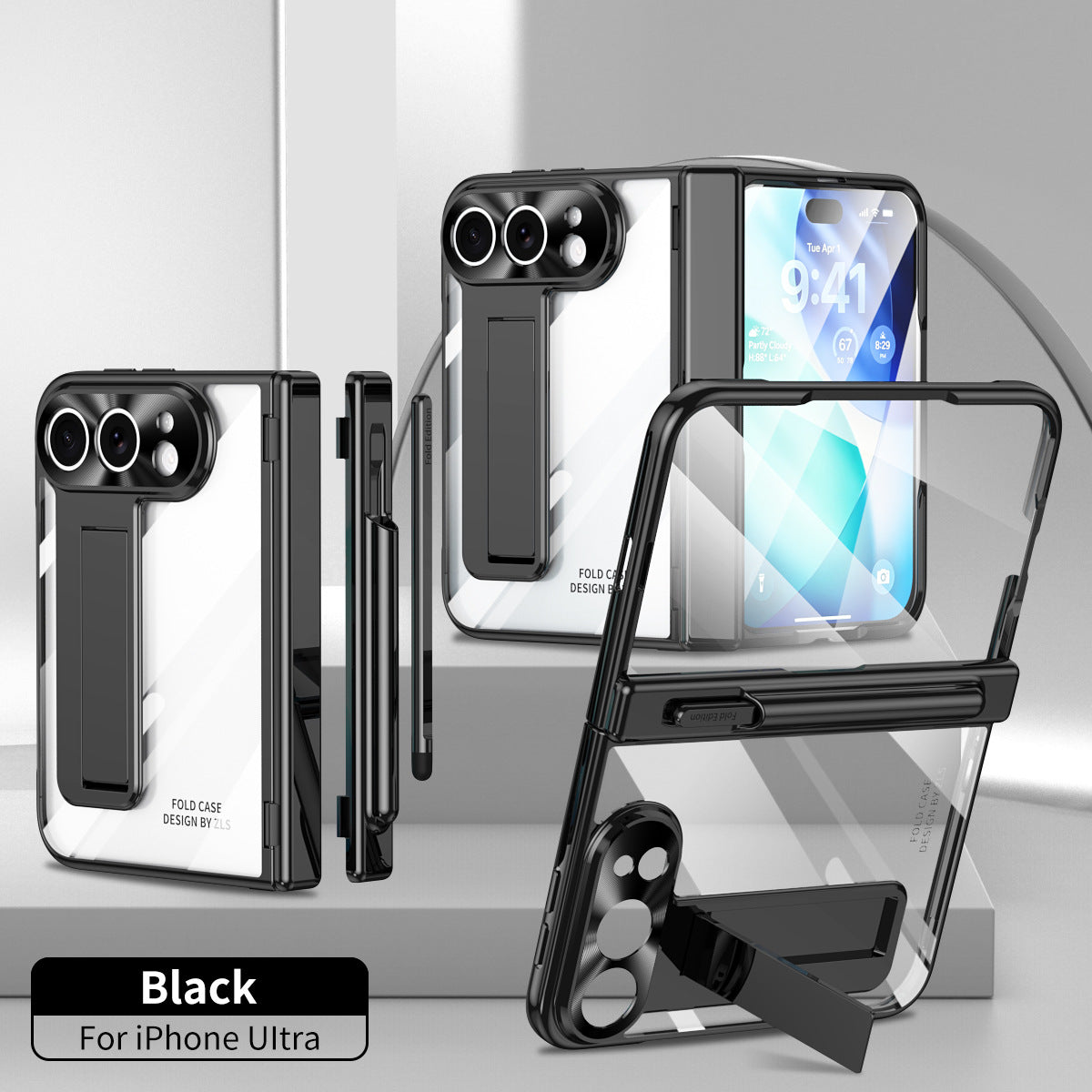 iPhone Duo | Golden Plating Clear Phone Case Built-in Tempered Glass Film & Magnetic Hinge & Stylus