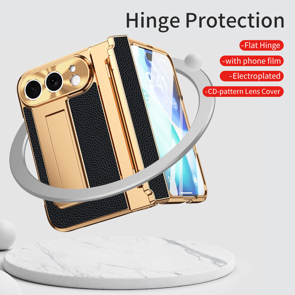 iPhone Duo | Golden Plating Textured Leather Cover with Kickstand & Front Screen Protector