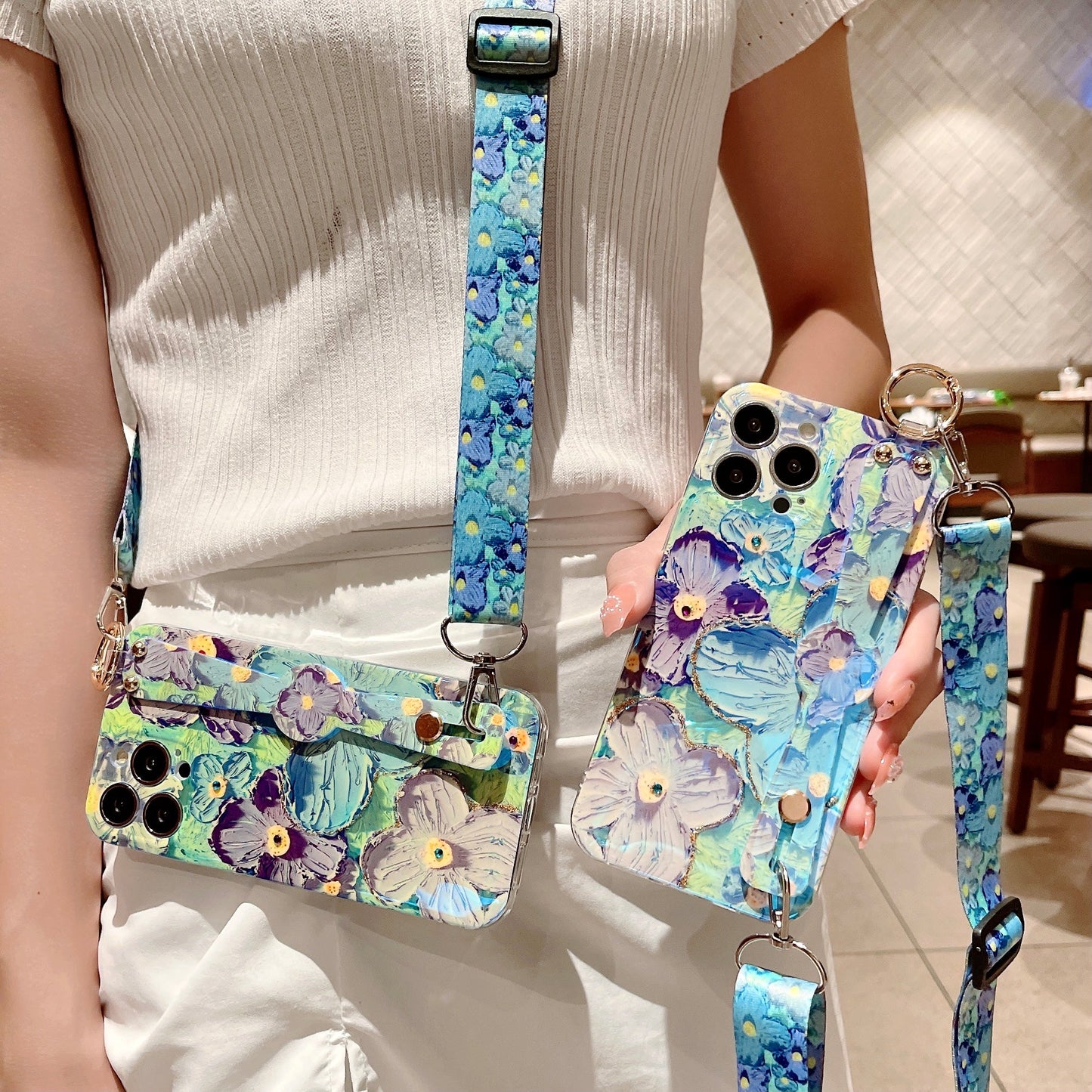 Purple Oil Painting Flower Wristband Holder With Lanyard Samsung Case