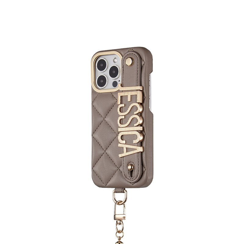 Luxury Rhomb Leather Custom Name Letter Lanyard Phone Case For iPhone 13 14Pro Max